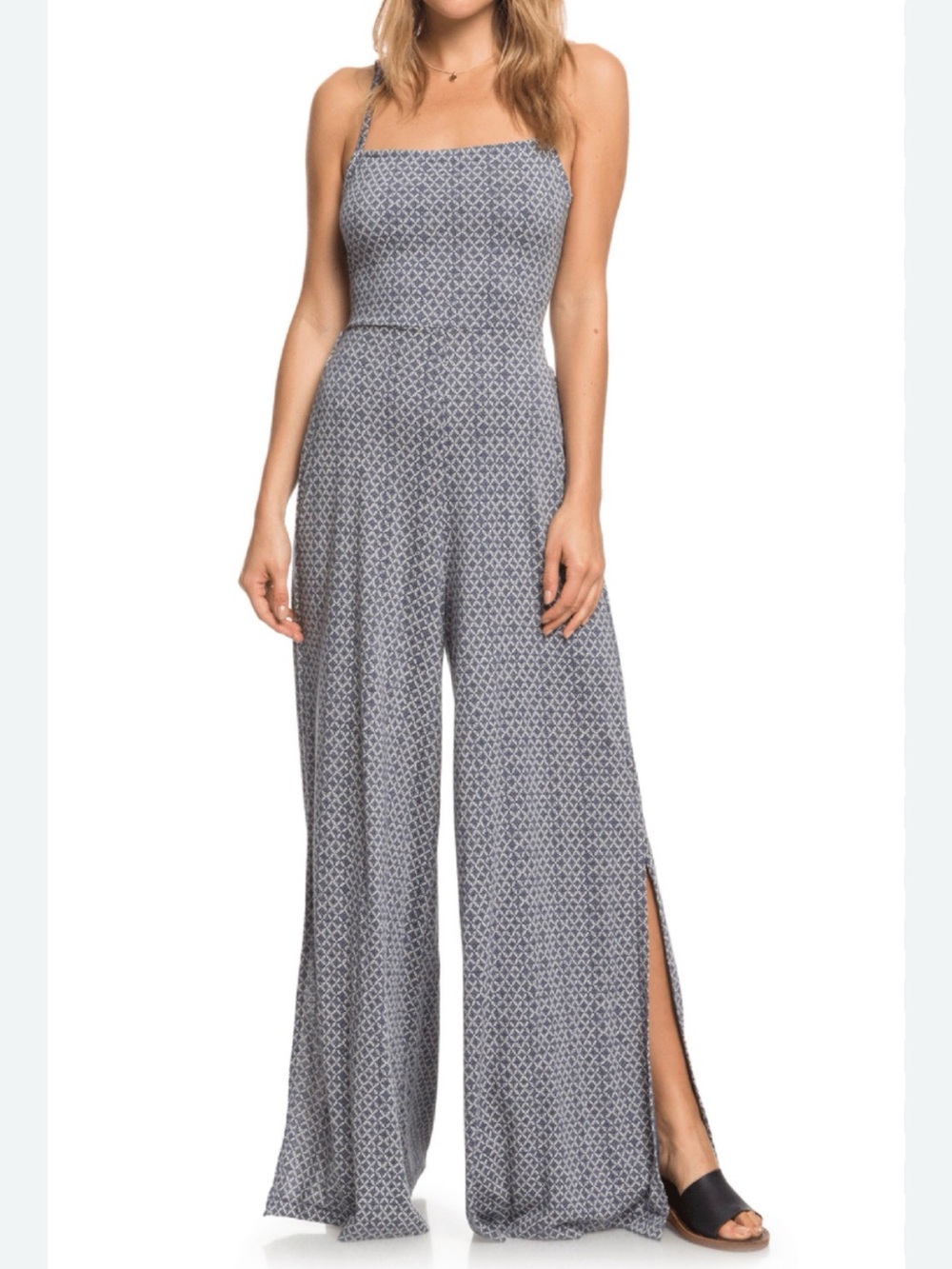 Roxy Blue Patterned Wide-Leg Spaghetti-Strap Jumpsuit